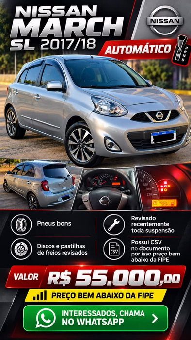 🚗 NISSAN MARCH SL 2017/18 — R$ 55.000 💰 Preço abaixo da FIPE! ✅ Pneus em bom estado ✅ Susp…